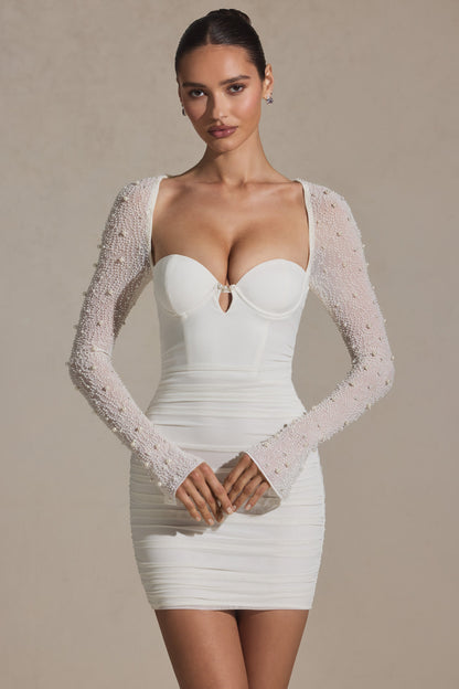 Embellished Long-Sleeve Mini Dress in White